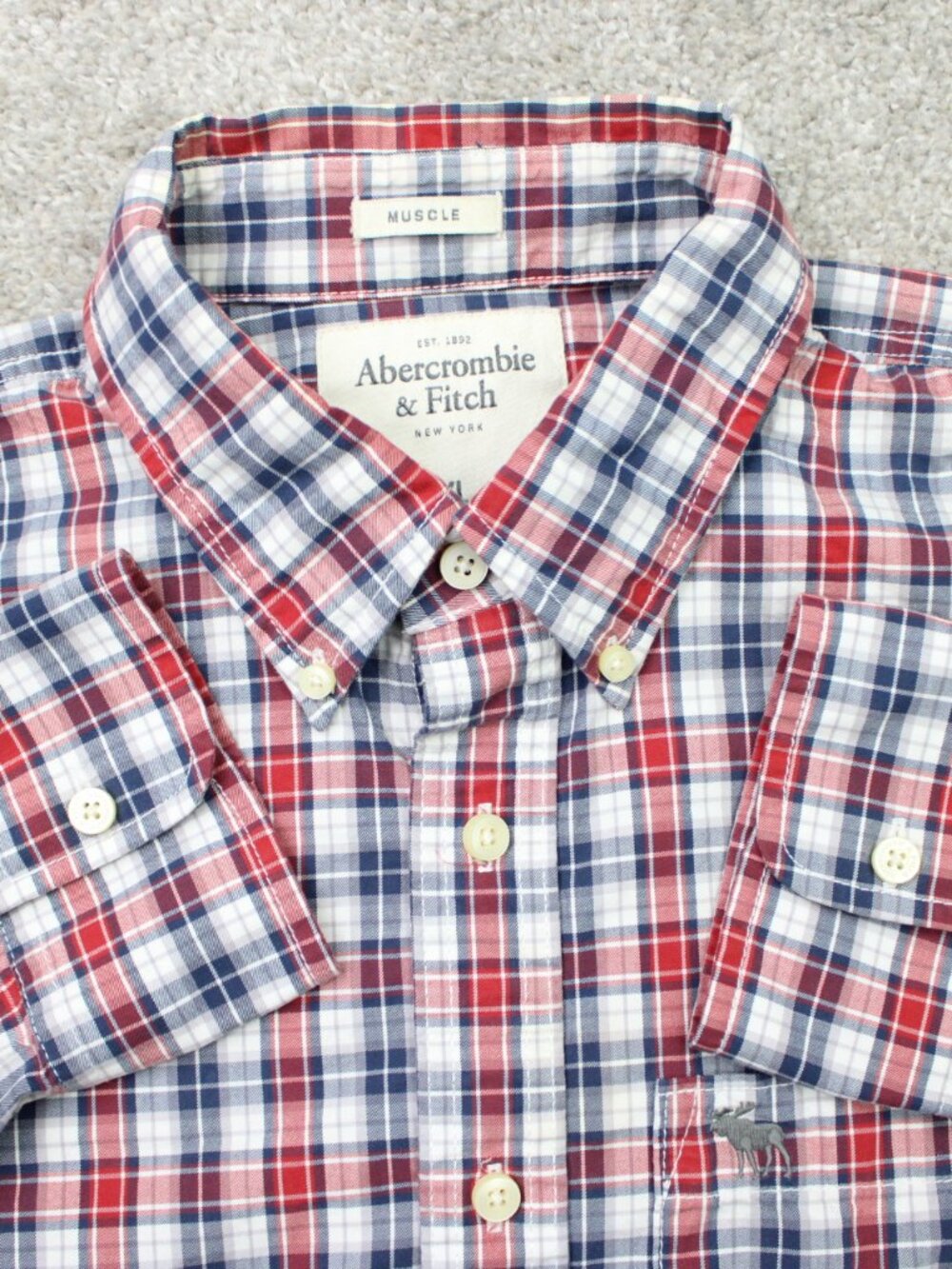 Abercrombie & Fitch Shirt Men XL Red/Blue Plaid Muscle Fit Y2K Moose Long Sleeve